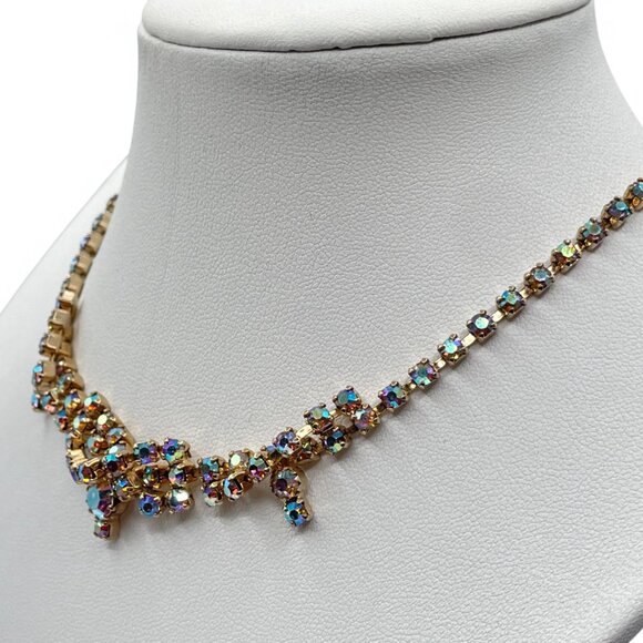 Vintage AB Aurora Borealis Rhinestone Gold-Tone Prong-Set Choker Necklace - Picture 4 of 10